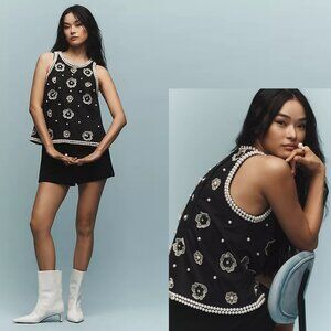 NWT New $158 Anthropologie Maeve 3D Flower Pearl Black Top Size XL